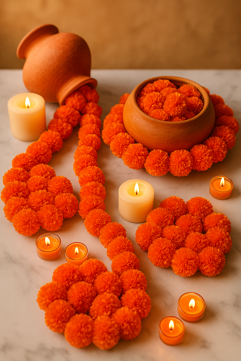 Artificial Marigold Fluffy Flowers Wall hangings(Pack of 5)