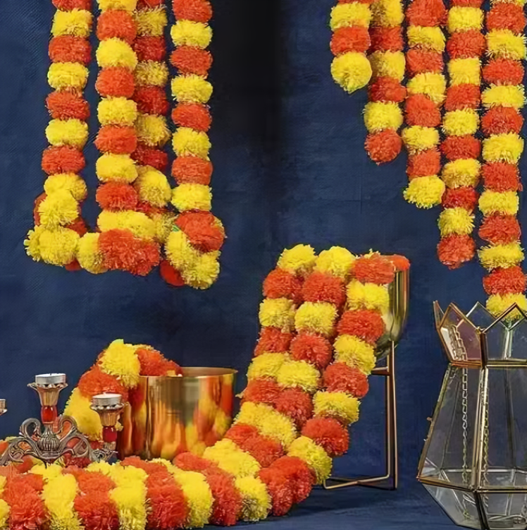 Artificial Marigold Fluffy Flowers Wall hangings(Pack of 5)