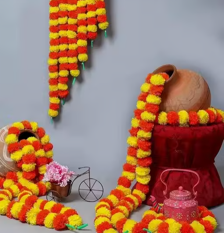 Artificial Marigold Fluffy Flowers Wall hangings(Pack of 5)