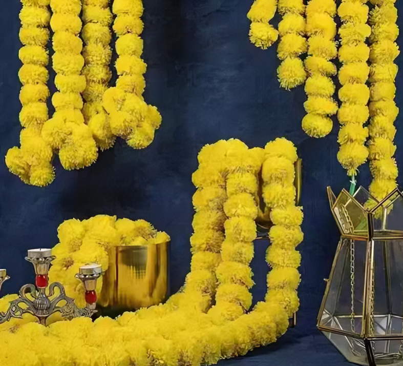 Artificial Marigold Fluffy Flowers Wall hangings(Pack of 5)